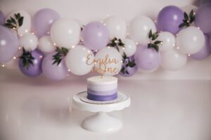 purple smash cake setup, simple cary cake smash photographer